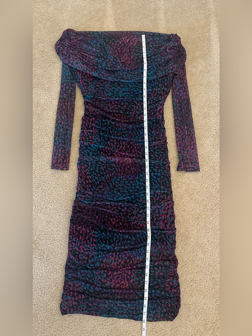 Express Ruched Long-Sleeve Off-Shoulder Dress in Teal & Plum